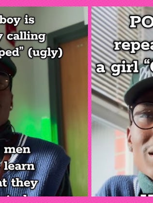 A teacher talks into a camera about the word "chopped."