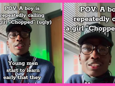 A teacher talks into a camera about the word "chopped."