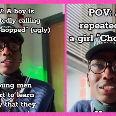 A teacher talks into a camera about the word "chopped."