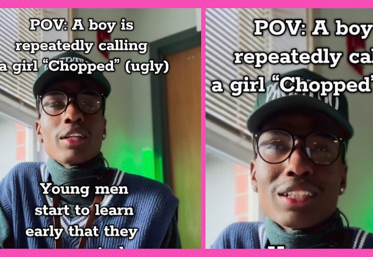 A teacher talks into a camera about the word "chopped."