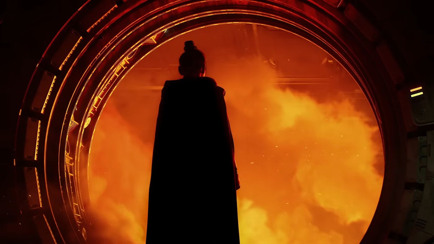 A force user stands in the open doorway of a spacecraft.