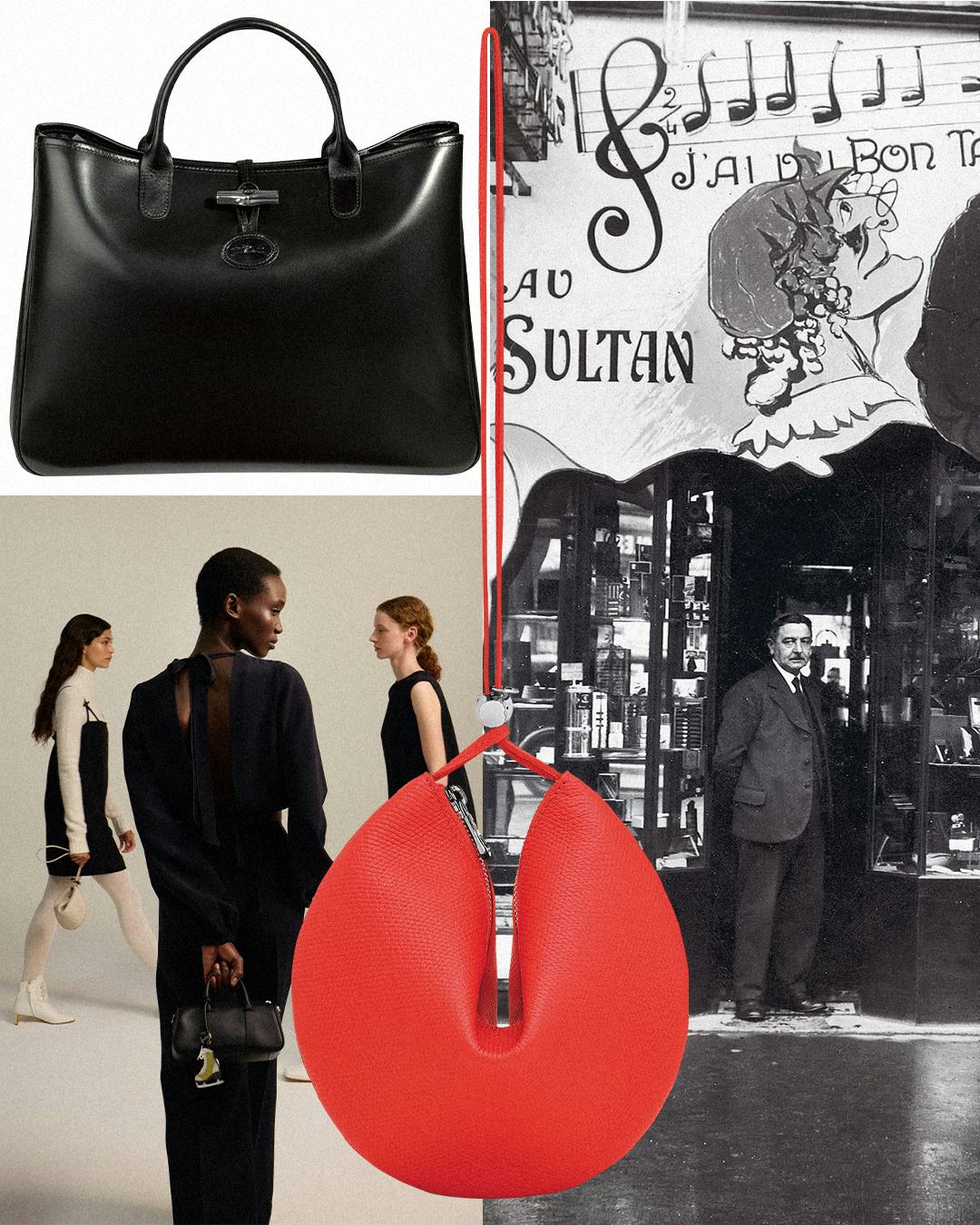 Clockwise from top left: The original Roseau tote launched in 1993; founder Jean Cassegrain standing...