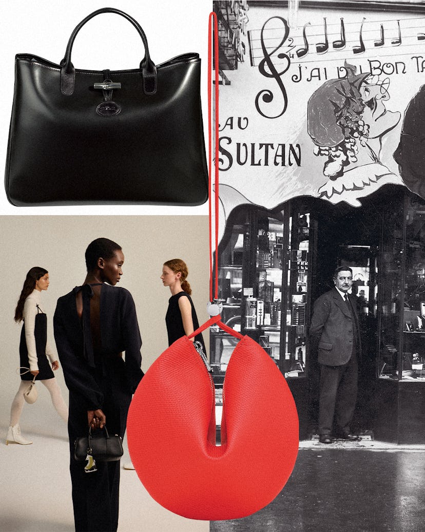 Clockwise from top left: The original Roseau tote launched in 1993; founder Jean Cassegrain standing...