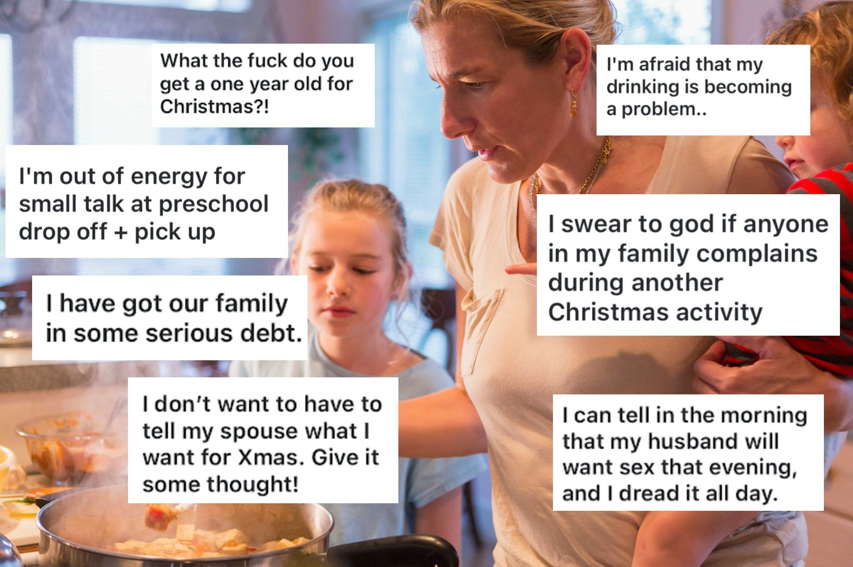 A woman is cooking in a kitchen, holding a child. Text bubbles around her express various stresses r...