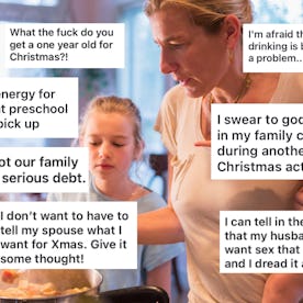 A woman is cooking in a kitchen, holding a child. Text bubbles around her express various stresses r...