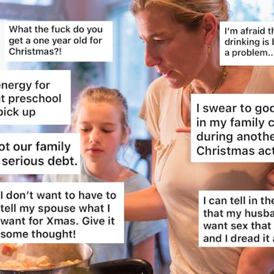 A woman is cooking in a kitchen, holding a child. Text bubbles around her express various stresses related to Christmas and family life.