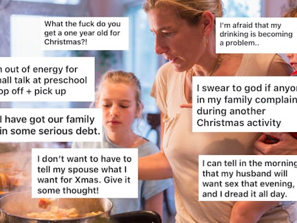 A woman is cooking in a kitchen, holding a child. Text bubbles around her express various stresses r...