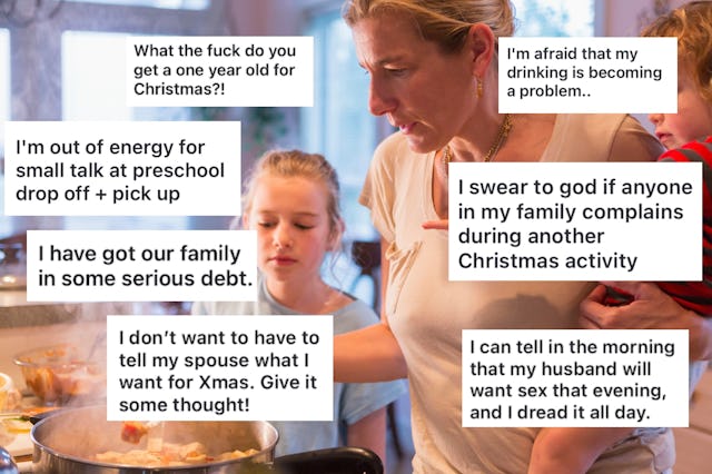 A woman is cooking in a kitchen, holding a child. Text bubbles around her express various stresses r...