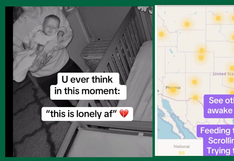 A mom is awake with her baby at night.