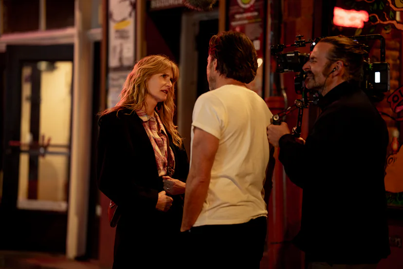 Laura Dern, Will Arnett, and Bradley Cooper making Is This Thing On? Photo via Searchlight Pictures
