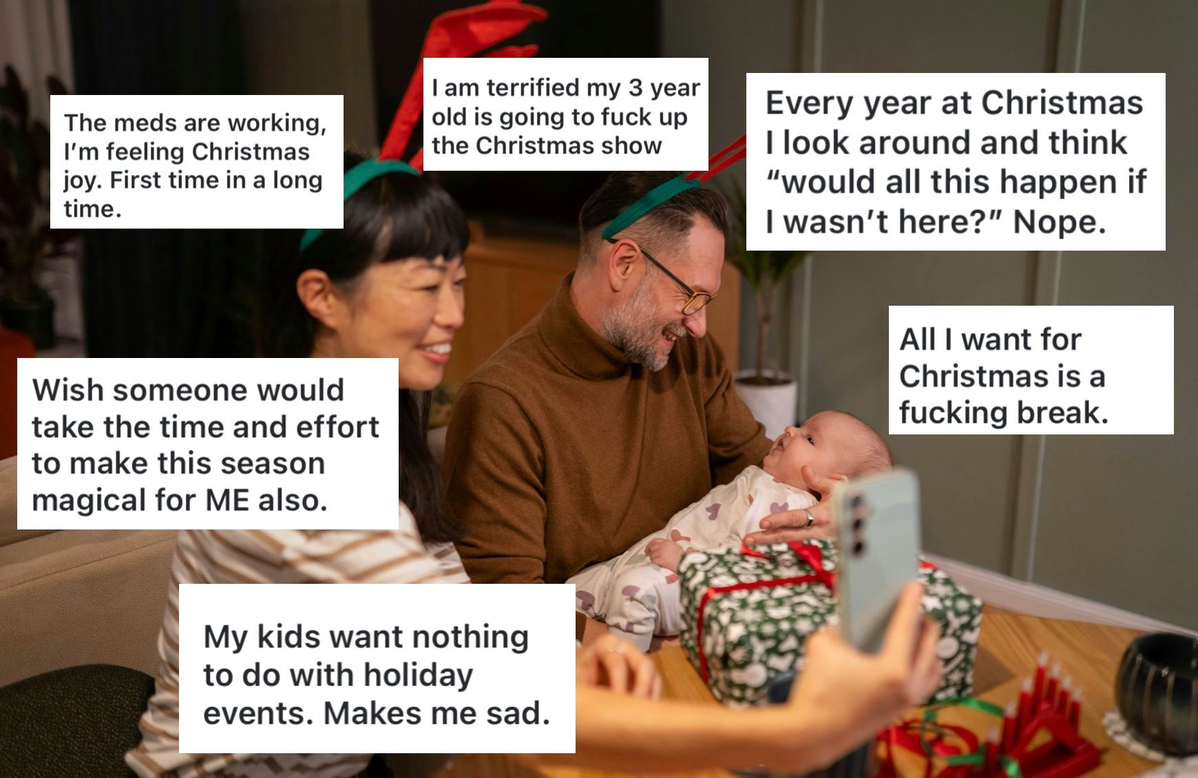 A smiling couple taking a selfie with a baby, surrounded by candid relatable holiday-themed text bub...