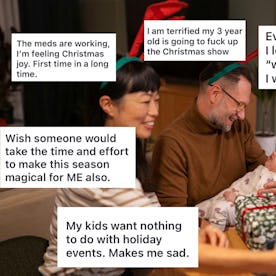 A smiling couple taking a selfie with a baby, surrounded by candid relatable holiday-themed text bub...