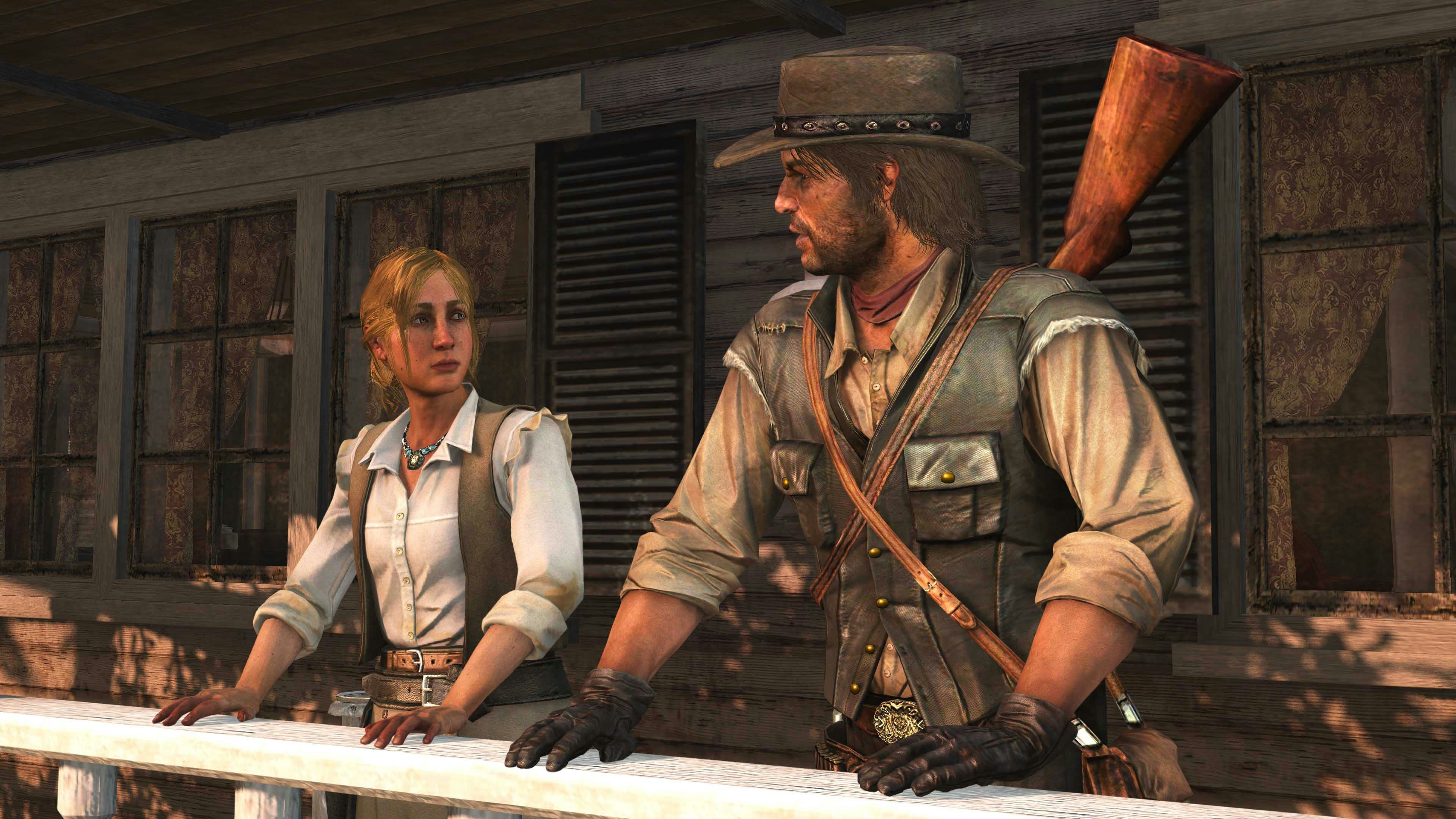 John Marston and Bonnie McFarland talk on a porch.