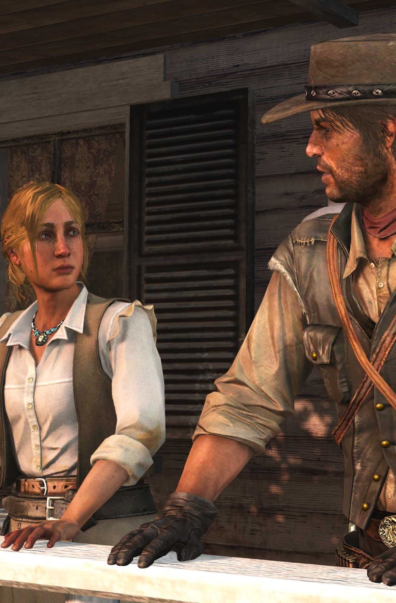 John Marston and Bonnie McFarland talk on a porch.