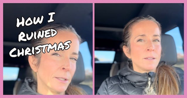 A woman talks into the camera about how she wishes she lied to her daughter about santa.