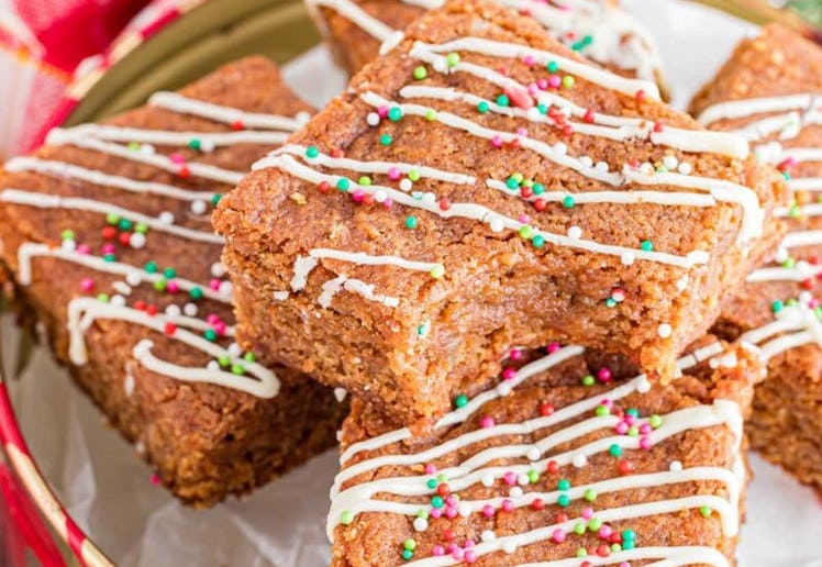 gingerbread blondies in a christmas tin, in a story about cheap christmas baking recipes.