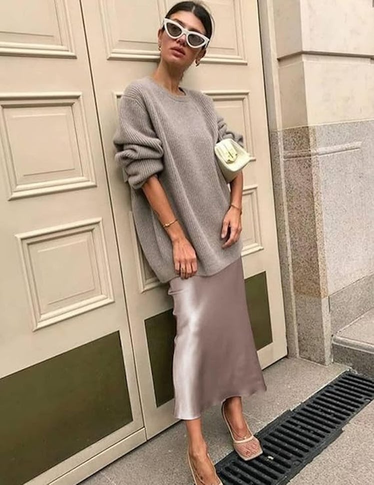 Zeagoo Womens Silk Midi Skirt High Waist Satin Skirt Elegant Zipper Skirts Large Light Khaki