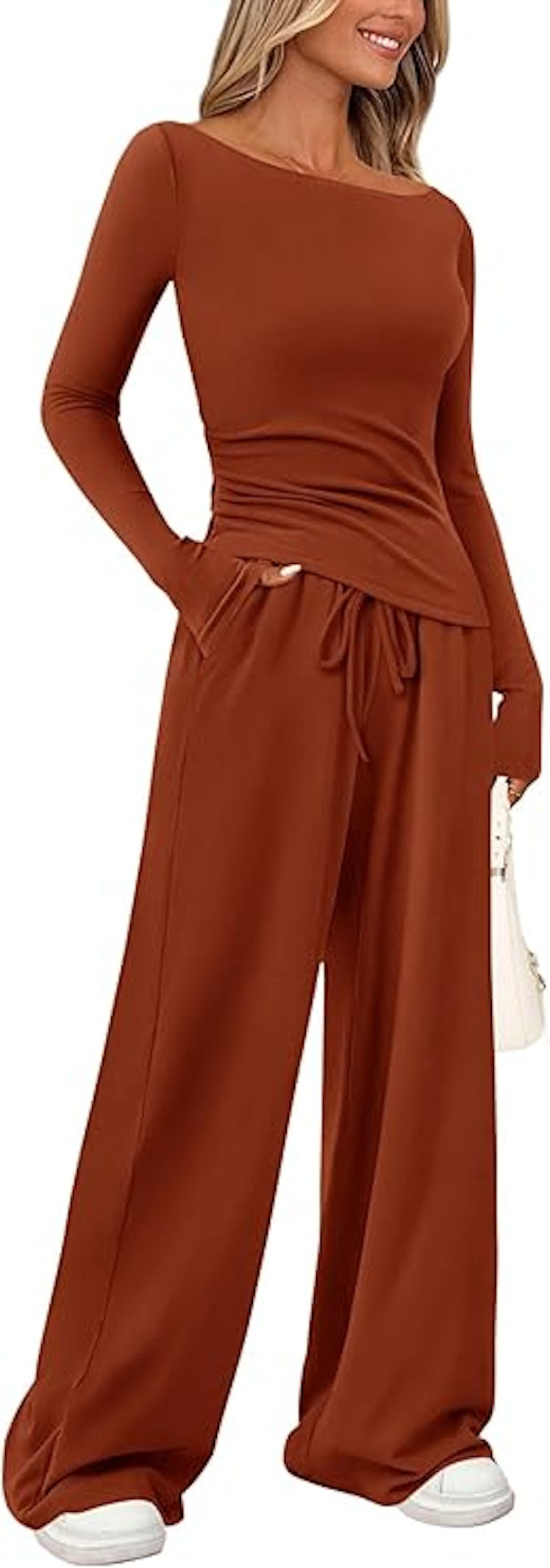 PRETTYGARDEN Long-Sleeve Top & Wide Leg Pants 