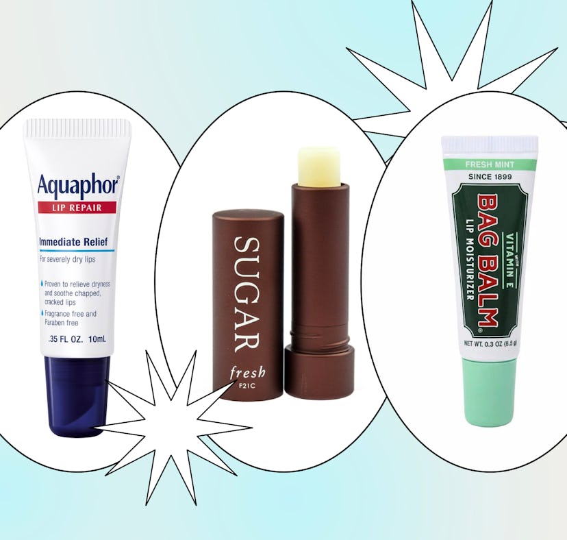 lip balms Aquaphor, Fresh Sugar Lip Treatment, and Bag Balm