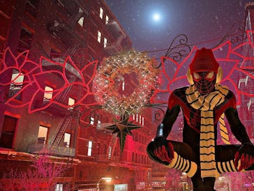 SPider-Man sits atop a street light wearing a winter hat and scarf in front of holiday decorations.