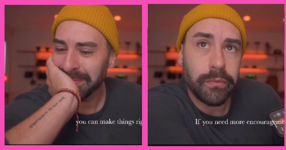 A man cries as he listens to elementary school kids giving him a pep talk. 
