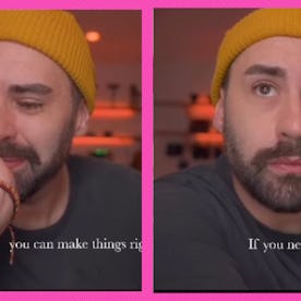 A man cries as he listens to elementary school kids giving him a pep talk.