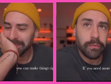 A man cries as he listens to elementary school kids giving him a pep talk.