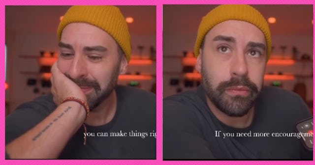 A man cries as he listens to elementary school kids giving him a pep talk.