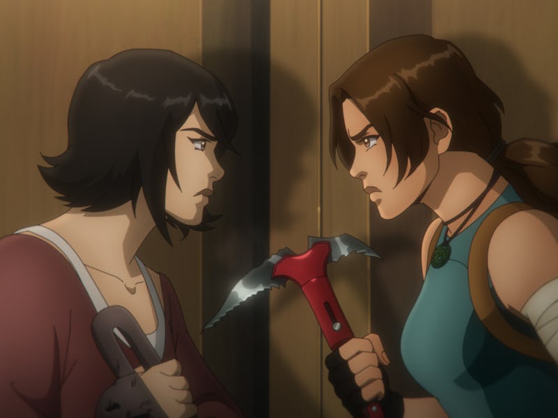 Sam Nishimura (Karen Fukuhara) and Lara Croft (Hayley Atwell) in Tomb Raider: The Legend of Lara Cro...