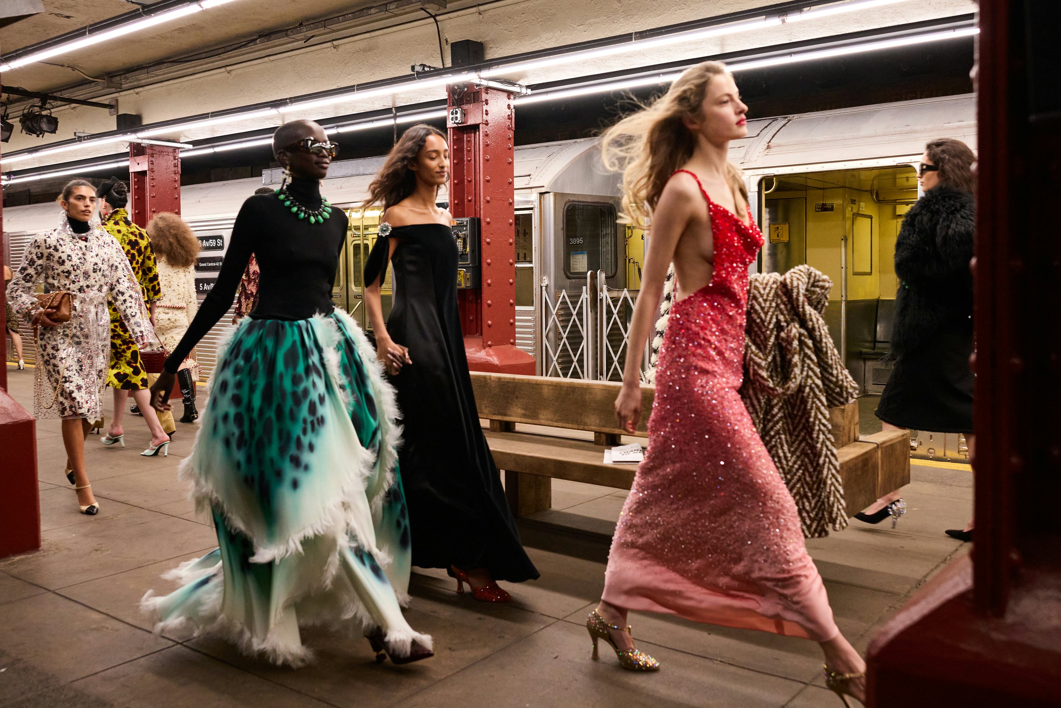 looks from chanel's metiers d'art collection runway show in new york subway