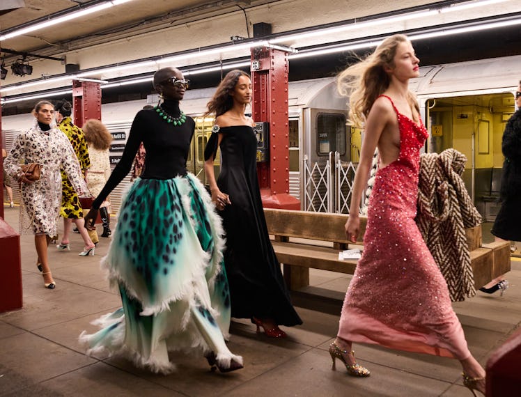 looks from chanel's metiers d'art collection runway show in new york subway