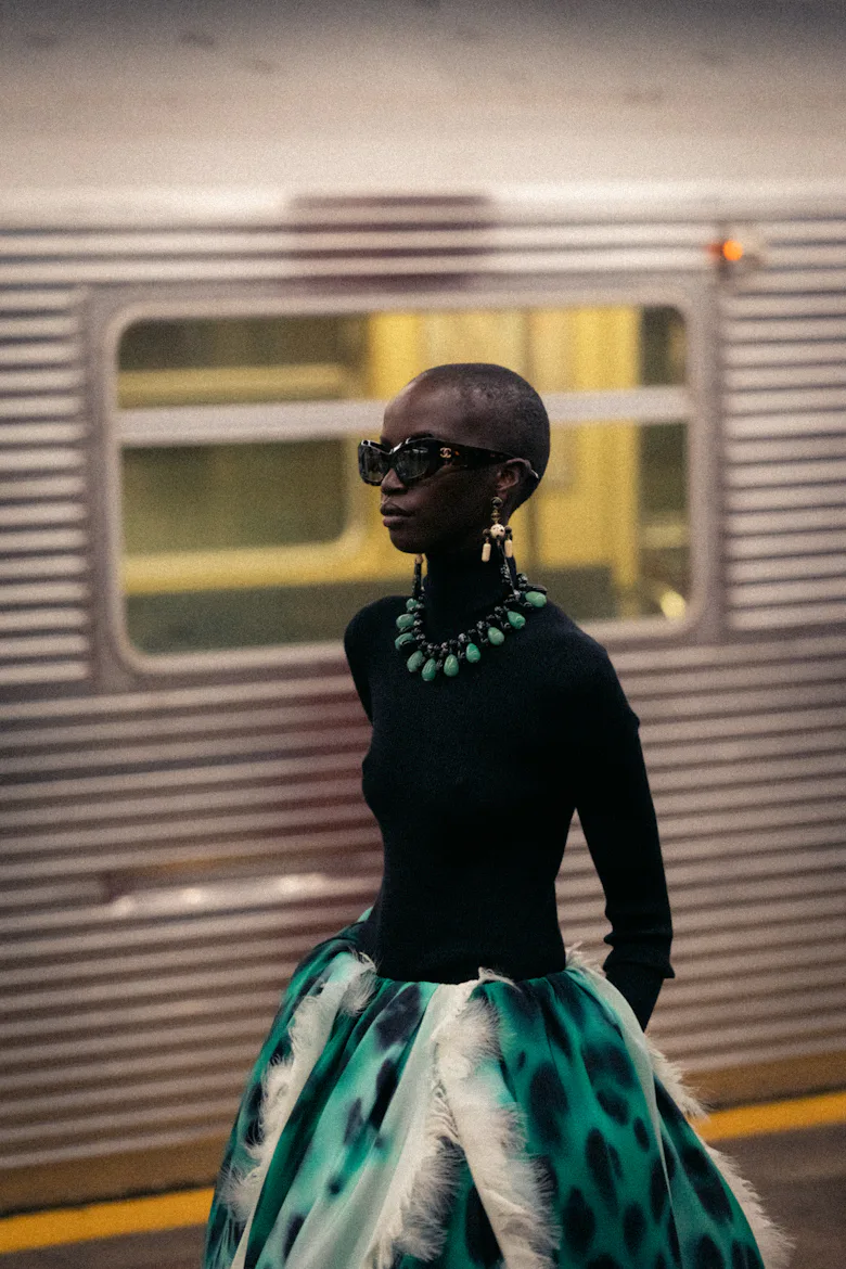 a look from chanel's metiers d'art show in new york city in a subway station