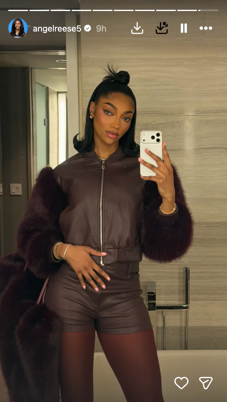 Angel Reese in an oxblood outfit.