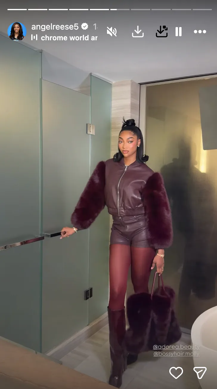 Angel Reese in an oxblood outfit. 
