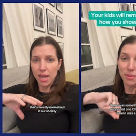 screen grabs of a mom speaking to camera about how children can tell which parent is making the holi...