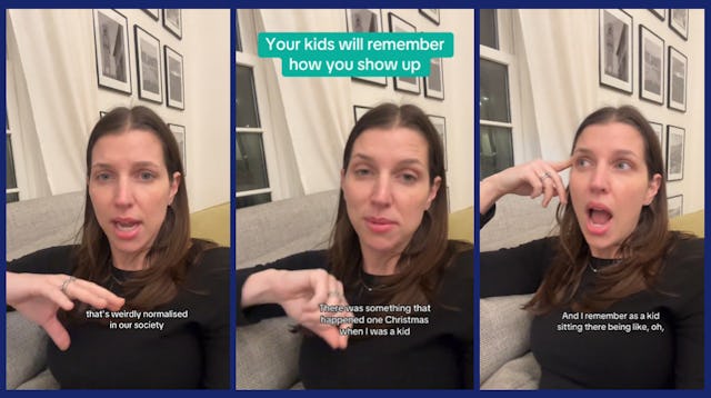 screen grabs of a mom speaking to camera about how children can tell which parent is making the holi...