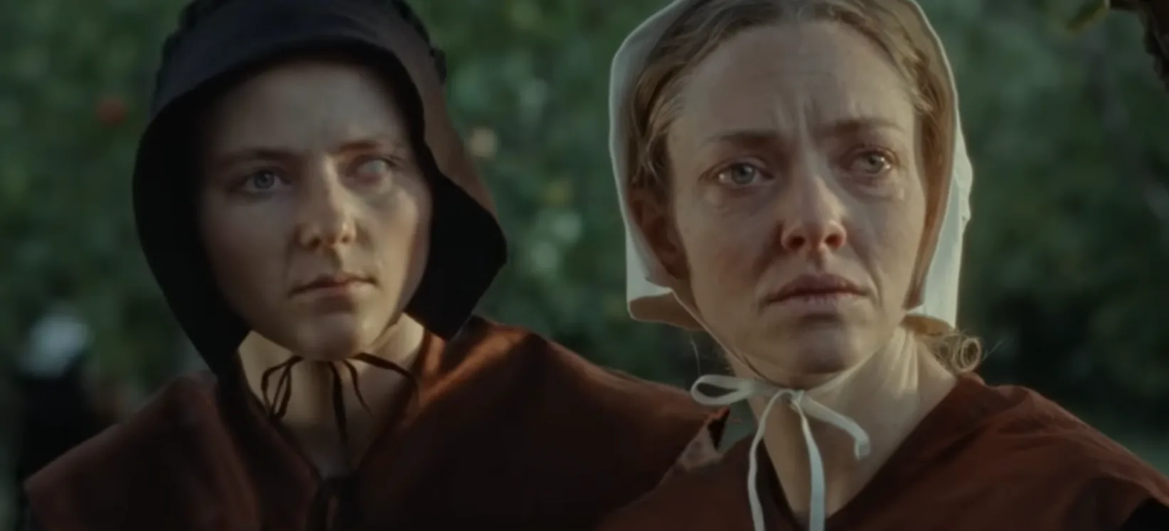 Thomasin McKenzie and Amanda Seyfried in The Testament of Ann Lee. Screenshot via Searchlight Pictur...