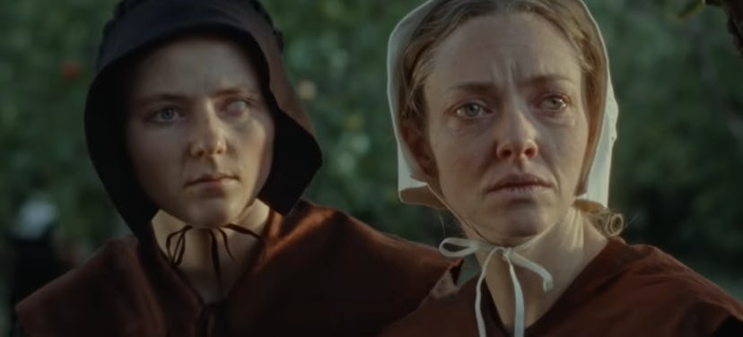 Thomasin McKenzie and Amanda Seyfried in The Testament of Ann Lee. Screenshot via Searchlight Pictur...