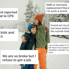 A woman and a child stand on a snowy path, embraced, with several thought bubbles around them expres...