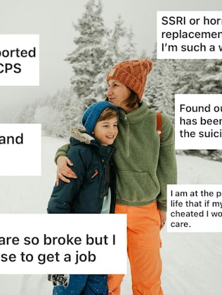 A woman and a child stand on a snowy path, embraced, with several thought bubbles around them expres...