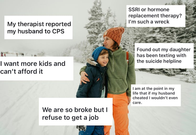 A woman and a child stand on a snowy path, embraced, with several thought bubbles around them expres...