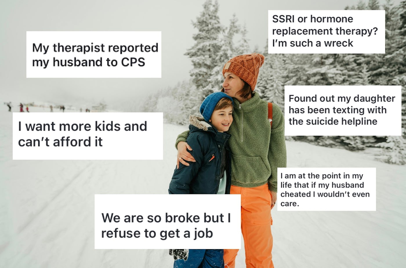 A woman and a child stand on a snowy path, embraced, with several thought bubbles around them expressing personal struggles and concerns.