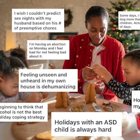 A woman and two children decorate gingerbread houses at a table. Several text boxes are overlaid, sh...