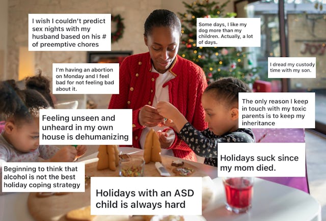 A woman and two children decorate gingerbread houses at a table. Several text boxes are overlaid, sh...