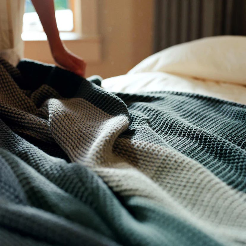 Brooklinen Dreamweave Waffle Bed Blanket in Juniper Plaid