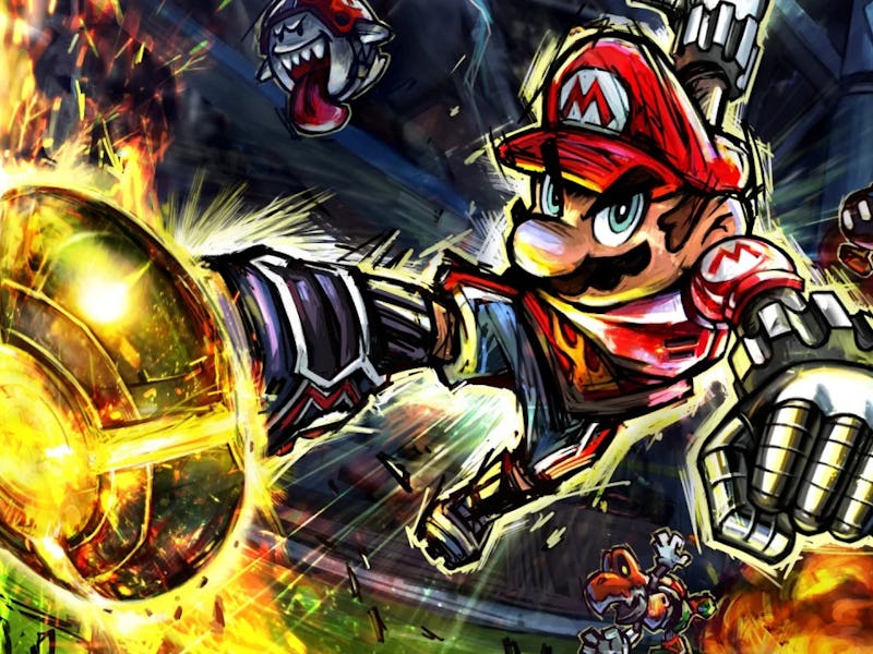 Mario kicks a flaming soccer ball.