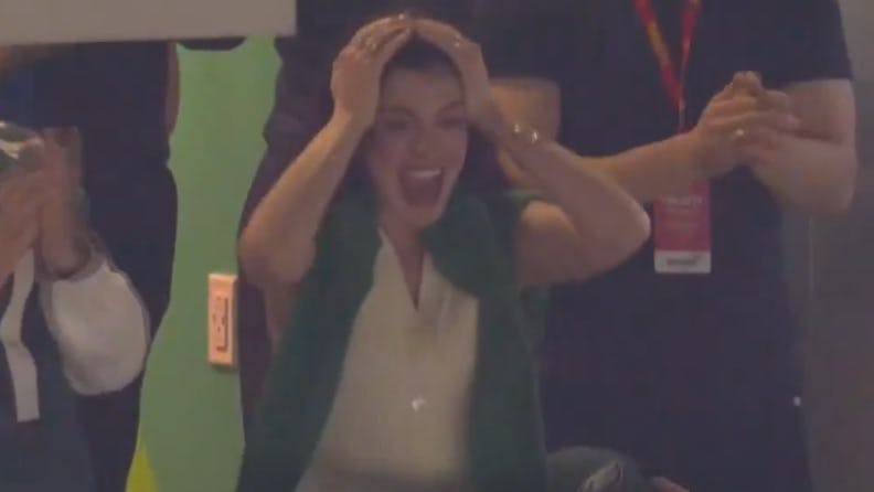 Anne Hathaway at the Super Bowl. Screenshot via X