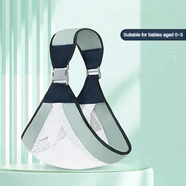 A baby carrier in soft grey and black, designed for infants aged 0-3 months that was sold on Temu an...