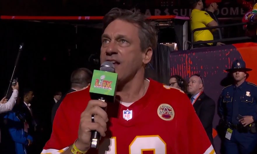Jon Hamm at the Super Bowl. Screenshot via X