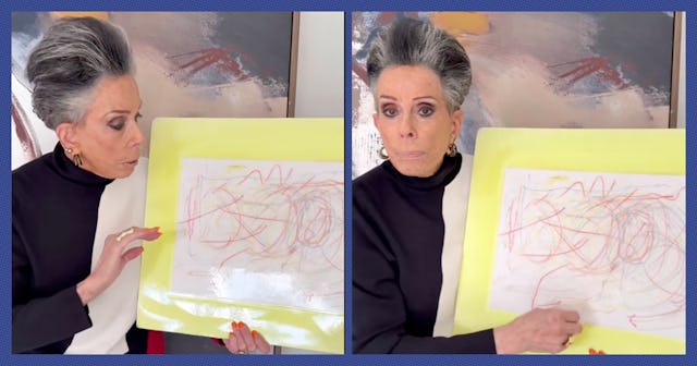 A person with stylish gray hair is presenting a colorful drawing on a board, showing various swirlin...